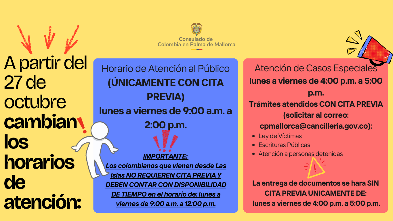 A partir del 27 de octubre el Consulado de Colombia cambia sus horarios de atención