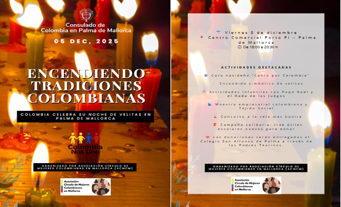 El Consulado de Colombia en Palma de Mallorca invita a la noche de velitas el 5 de diciembre de 2025